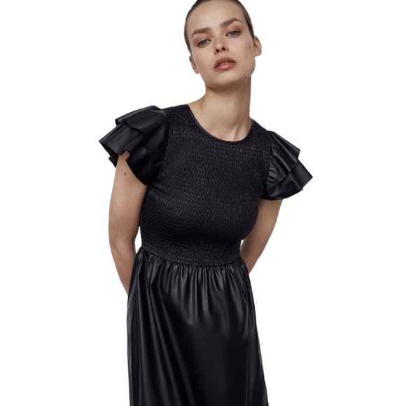 Zara Smocked Faux Leather Ruffle Sleeve Midi Dress - Picture 2 of 9